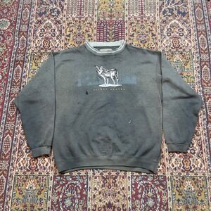 VTG 90s Headwaters Silent Hunter Wolf Embroidered Sweatshirt Gray Faded L Ringer
